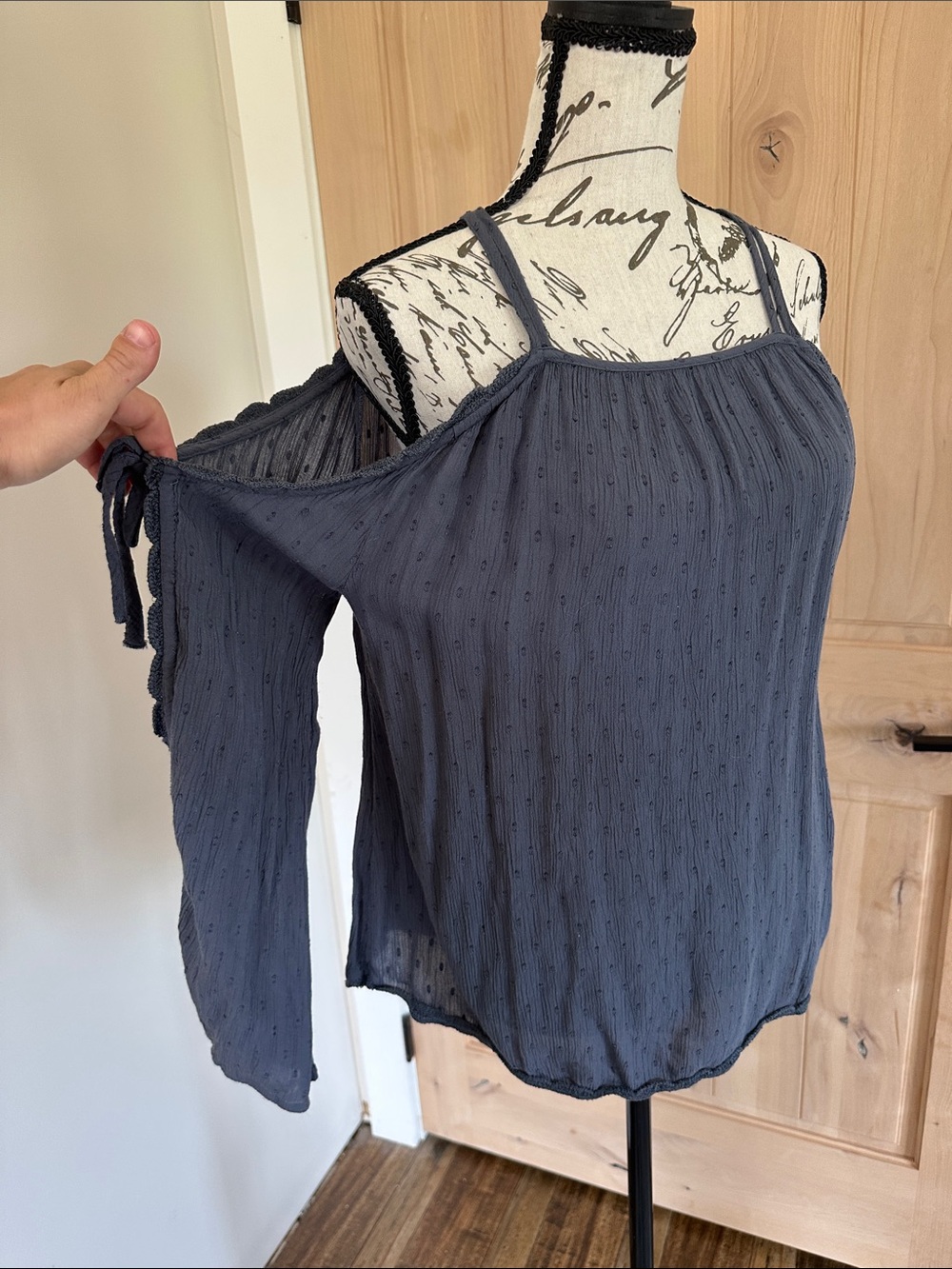 American Eagle Outfitters Women's Slate Blue Cold-Shoulder Spaghetti Strap Top